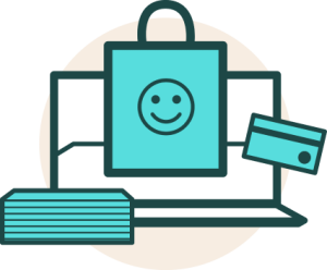 eCommerce website icon with a computer, shopping bag with a smiley face, and a credit card