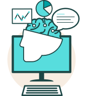 Icon for user experience (UX) and user interface (UI) research; a computer with a head and a brain with thoughts coming in.