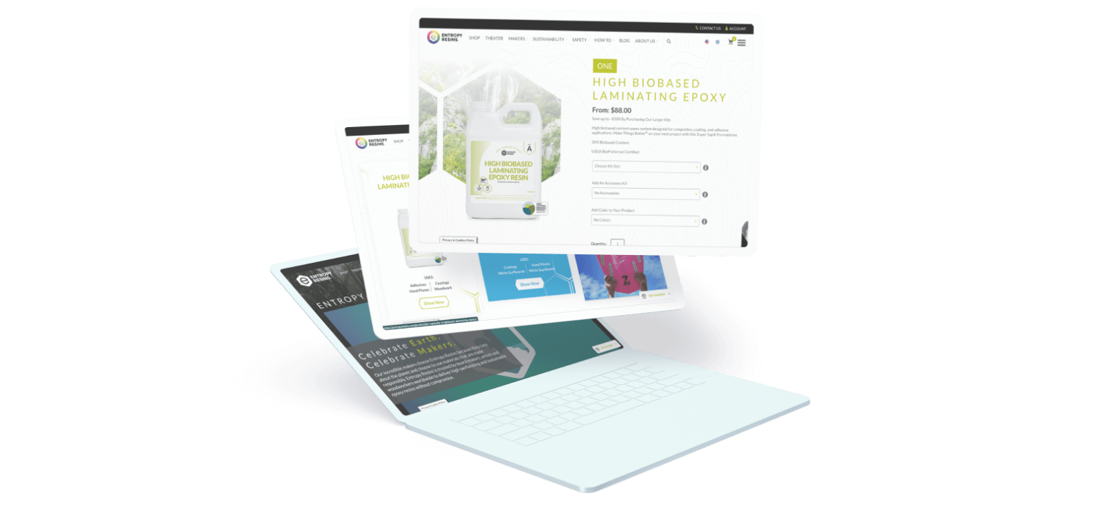 Entropy Resins Home Page web Design images on a laptop screen