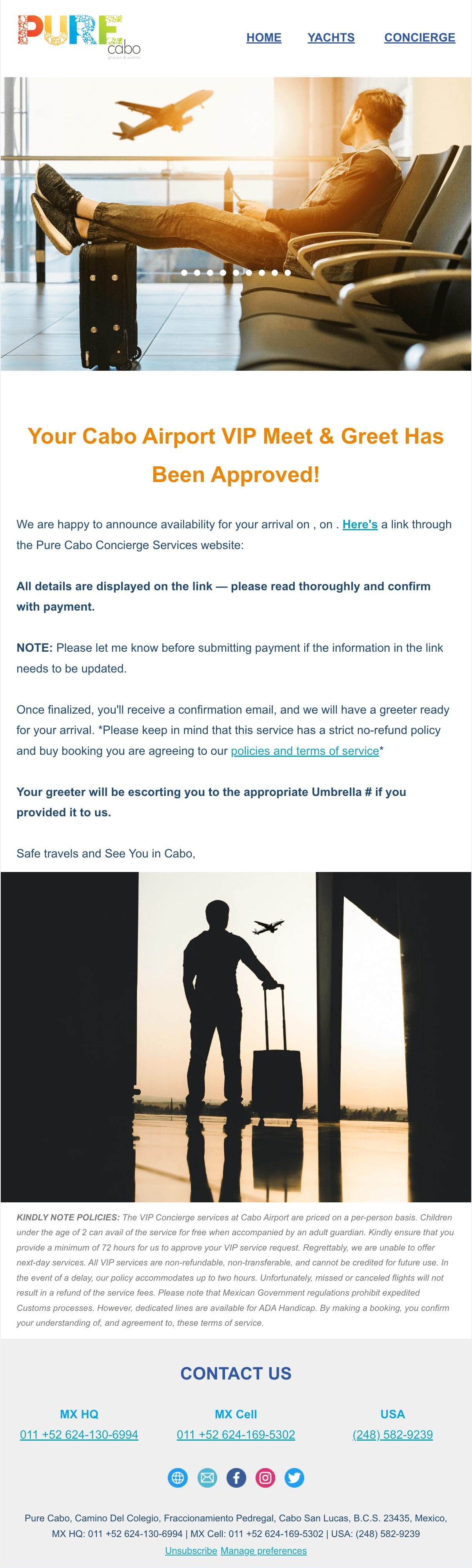 Pure Cabo full email image from HubSpot for VIP Airport Meet & Greet