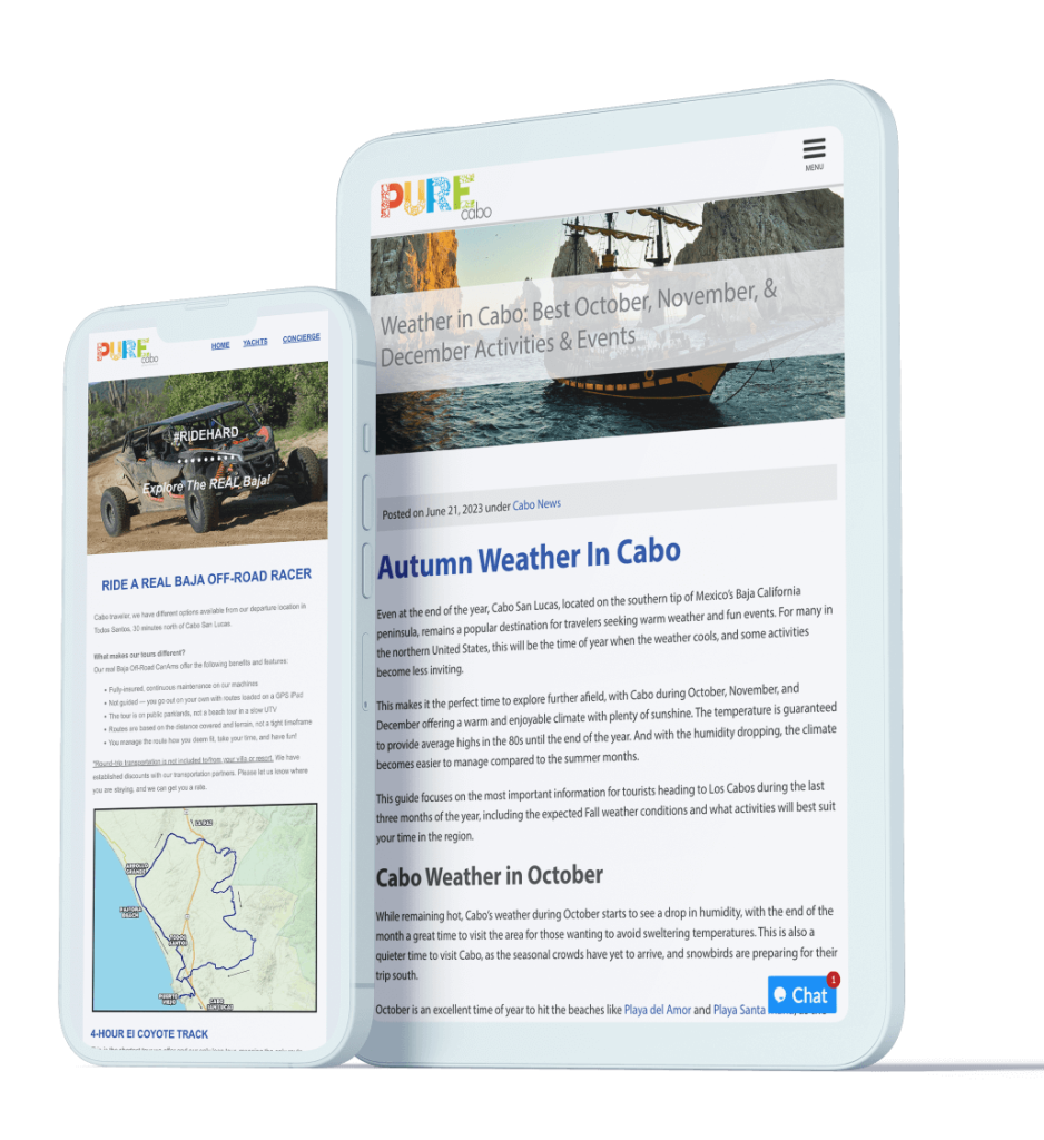 Mobile and tablet mockups for the content on Pure Cabo's website.