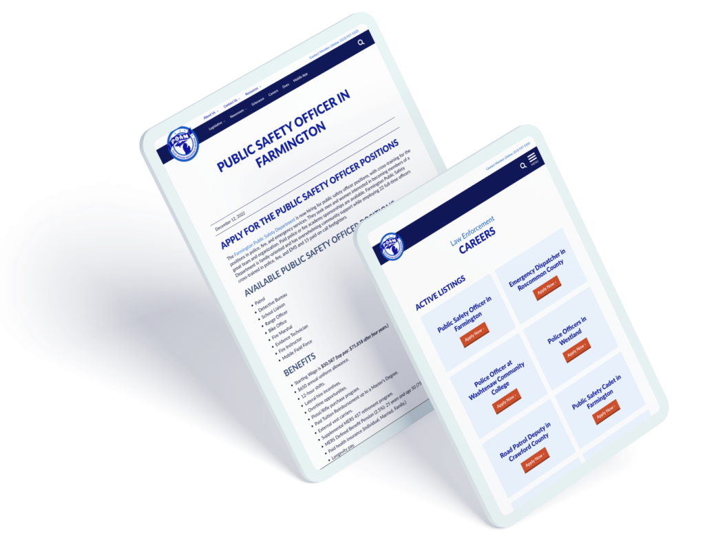 POAM's Michigan Law Enforcement Careers Portal webpages on iPad