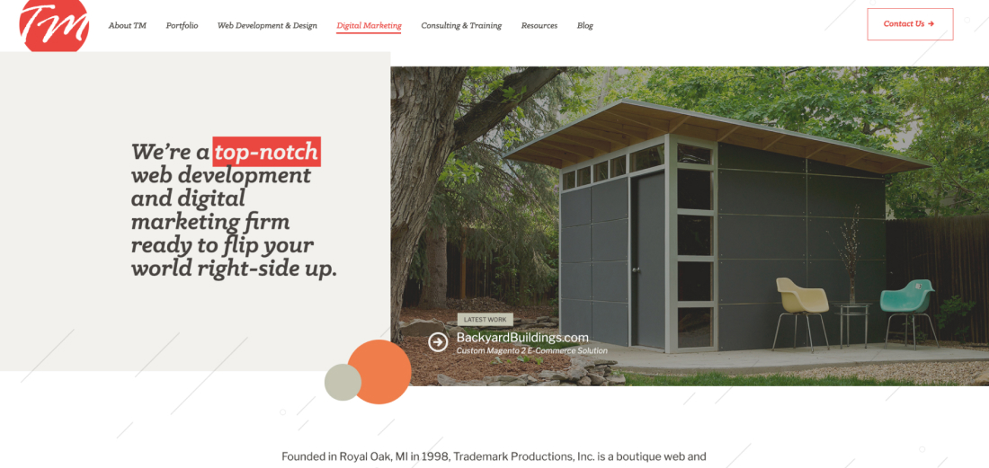 Trademark Productions home page website from a 2017 website build