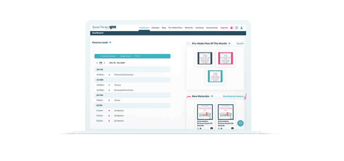 Speech Therapy Plans dashboard with Course Load, Pre-Made Plan of the Month, and New Materials