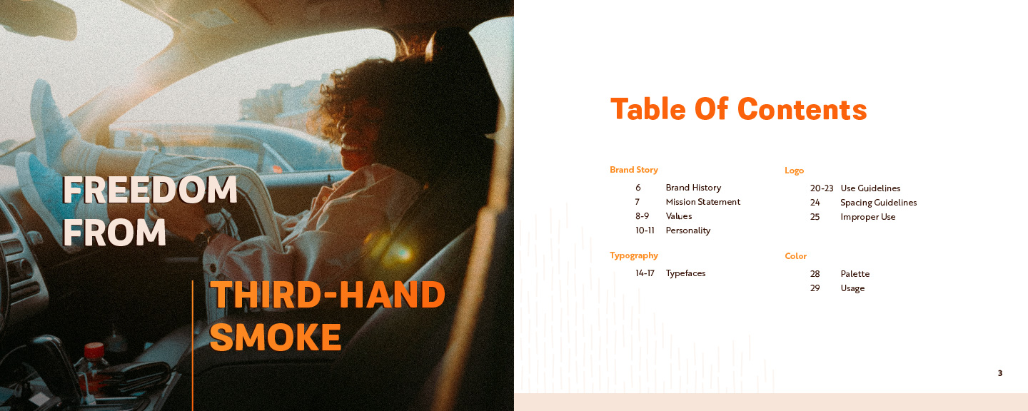 Knowsmoke brand book's table of content pages that says "Freedom from Third-Hand Smoke"