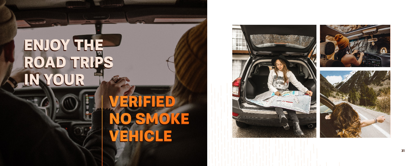 Knowsmoke brand book's mood spread pages that says "Enjoy the road trips in your verified no smoke vehicle"