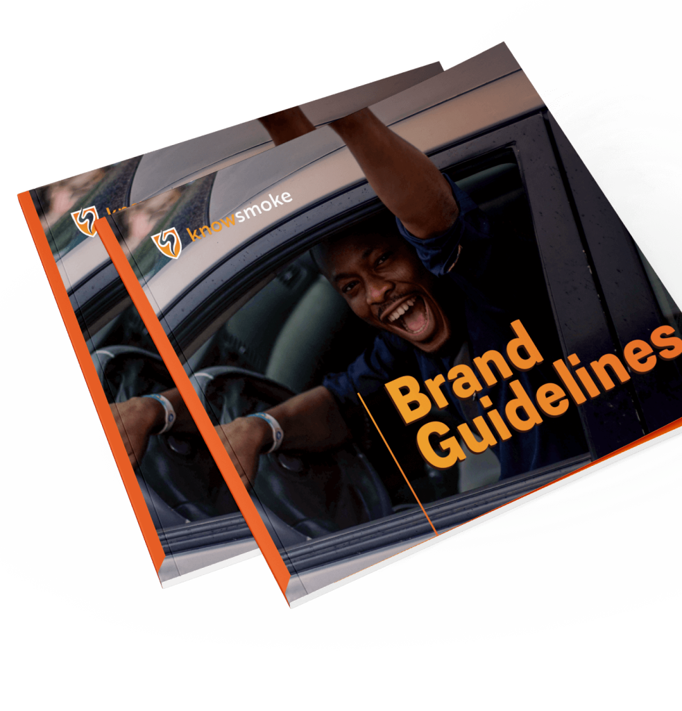 Knowsmoke Brand Guidelines cover image with a man happily smiling with his arms raised out of the car door