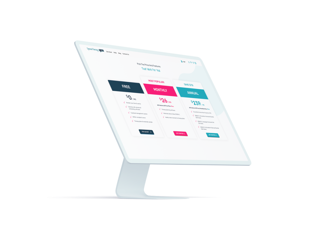 Speech Therapy Plans website's payment options on a clay mockup desktop computer