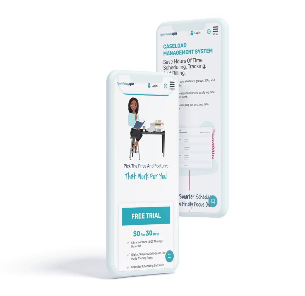 iPhone mockups of Speech Therapy Plans website.