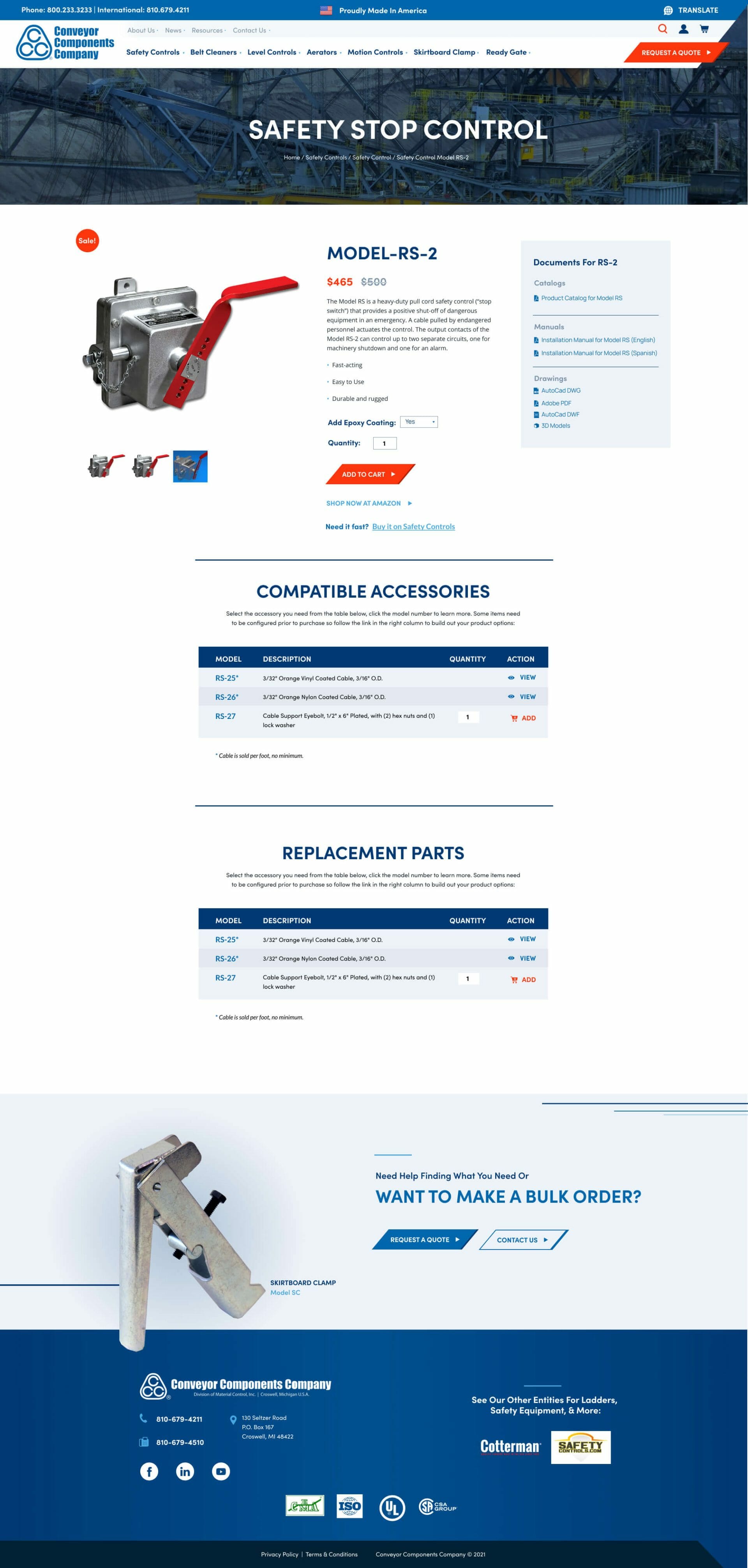 Conveyor Components Company website page of the Safety Stop Control product page for Model-RS-2.