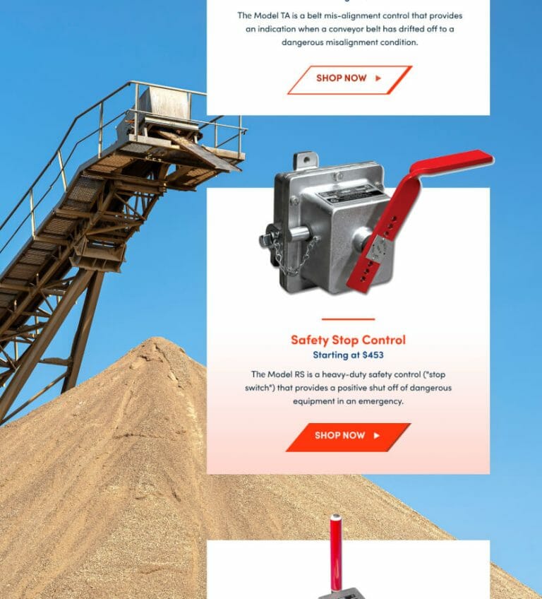 Featured image showcasing the Conveyor Components Company safety stop control products.