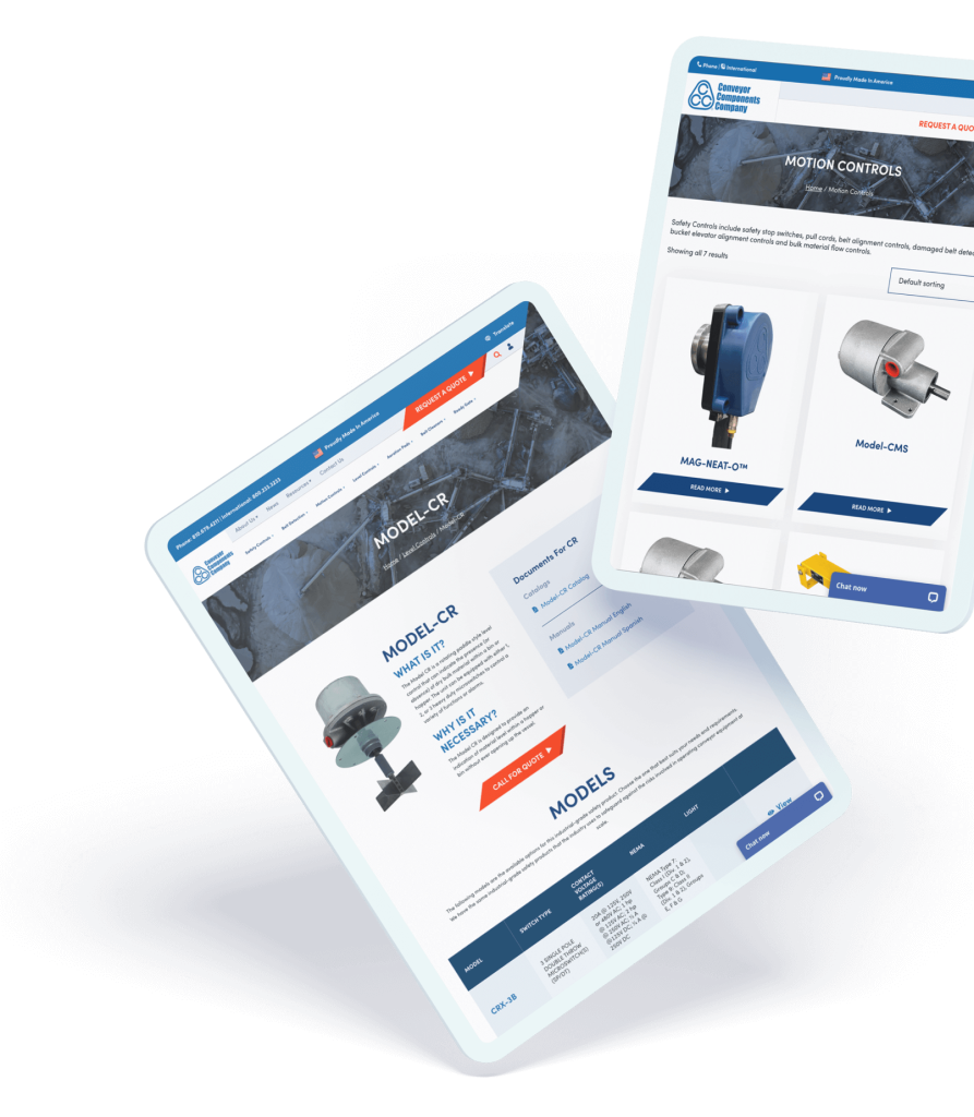 Conveyor Components Company website tablet mockups of the motion controls and Model-CR products.