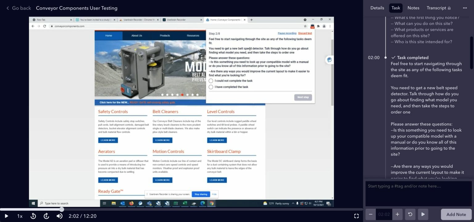 UX/UI findings, showing the steps users took throughout the website, for Conveyor Components Company old website that allowed Perfect Afternoon to craft a strategic plan for their new website build.