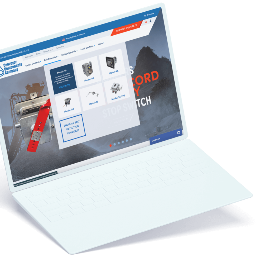 Conveyor Components Company website laptop mockups of the belt detection products in the menu menu.
