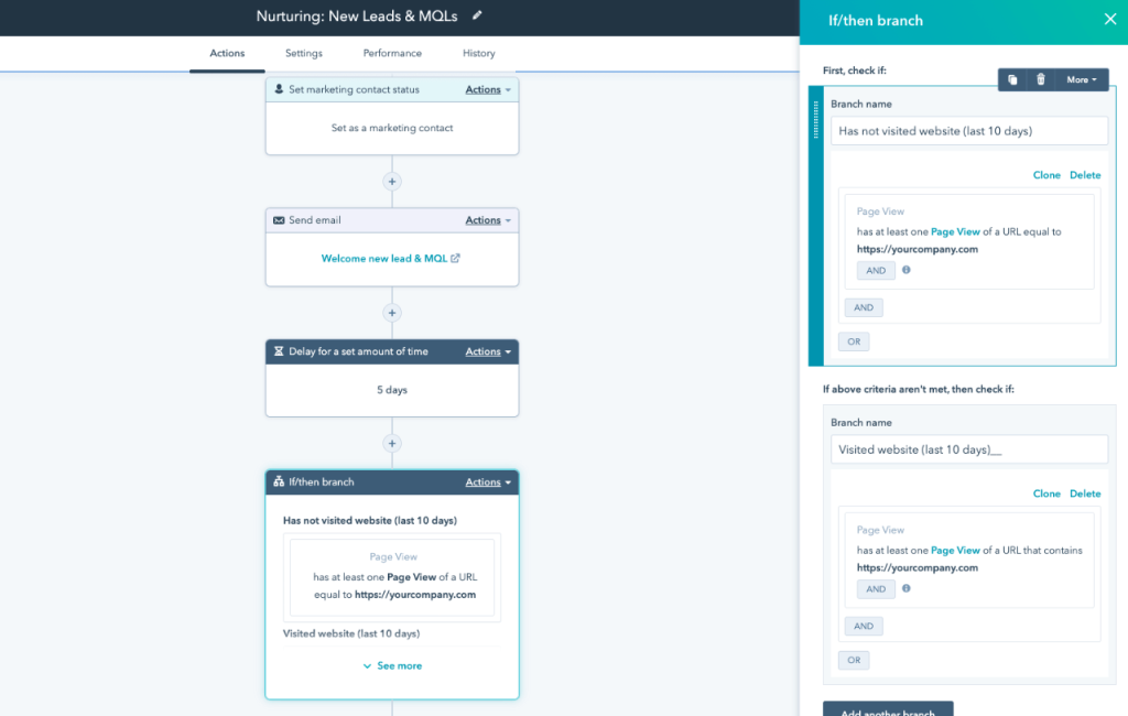 Screenshot of HubSpot Marketing Hub's Workflow feature sending an email to contacts based on a certain criteria.