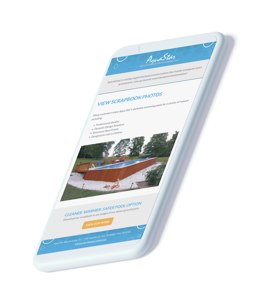 iPhone device mockup of an email from Aqua Star Pools