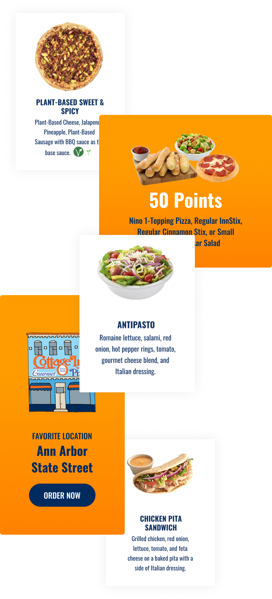 Images of the Cottage Inn Pizza website.
