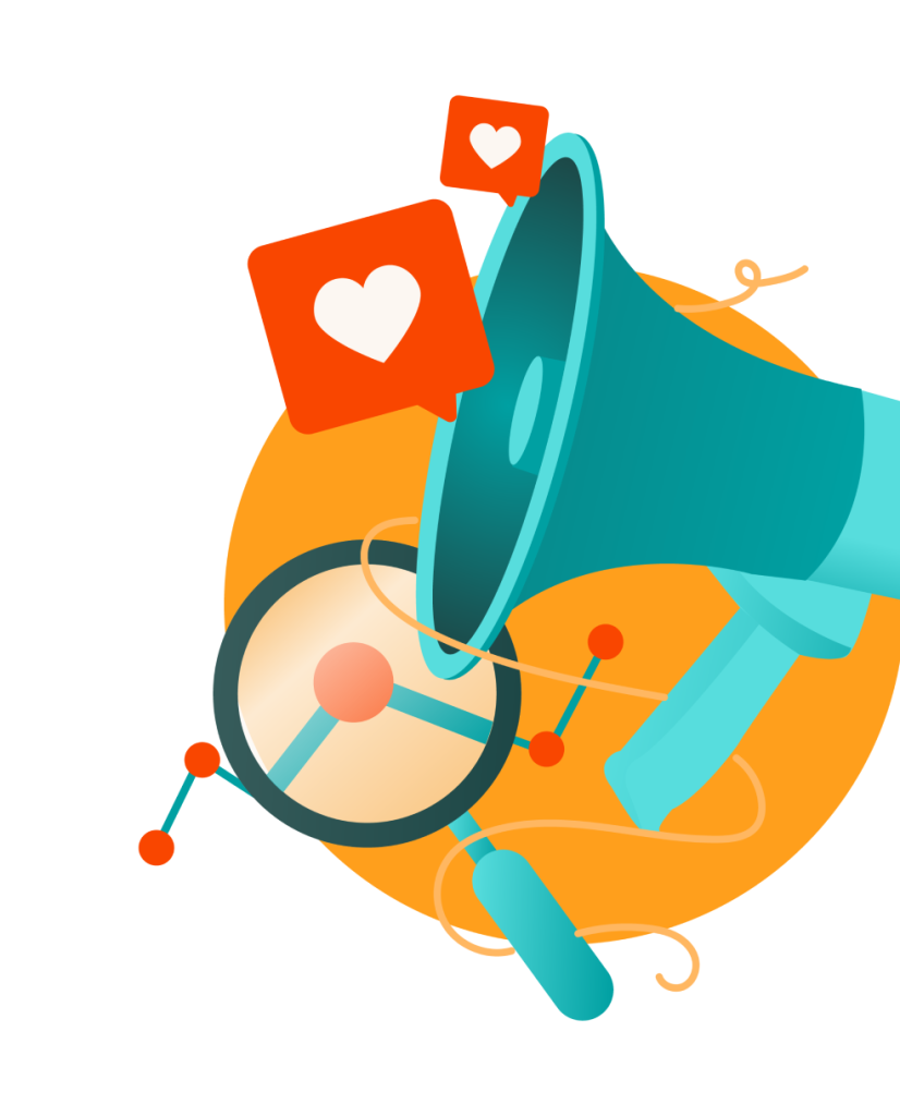 Digital marketing icon with a bullhorn and like icons for social