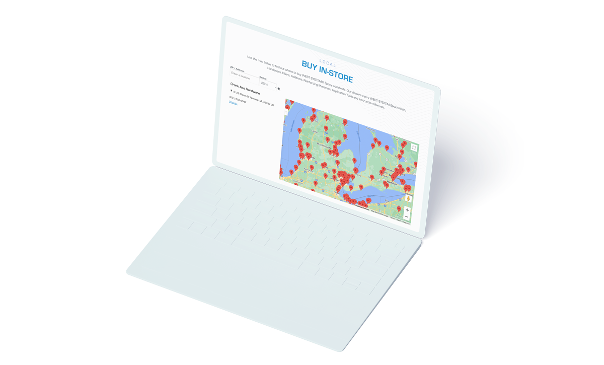 Laptop mockup of WEST SYSTEM's Where to Buy locator.