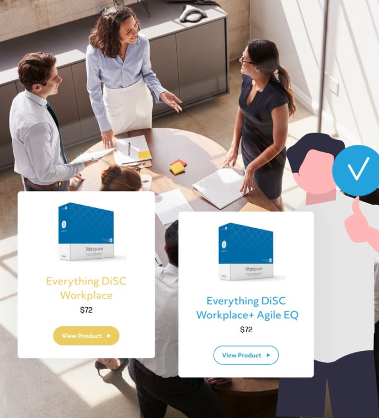 DiSC Profile 4U Wiley products with a group of people talking around a work table.