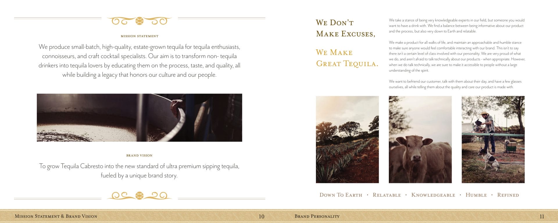 Tequila Cabresto brand book final spread, featuring their mission & vision. Created by Perfect Afternoon.