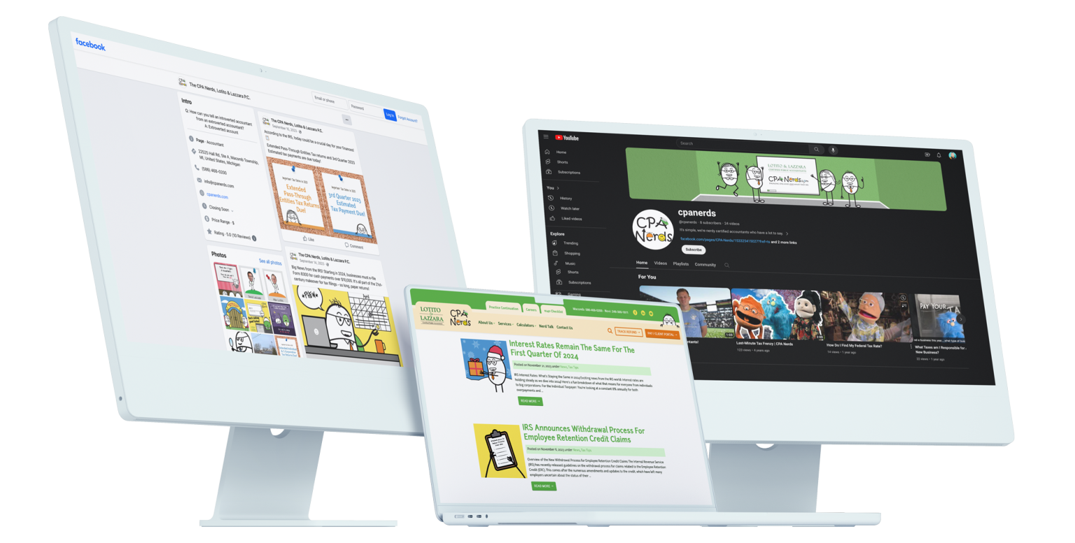 Desktop and laptop mockups of CPA Nerds' website. Developed by Perfect Afternoon.