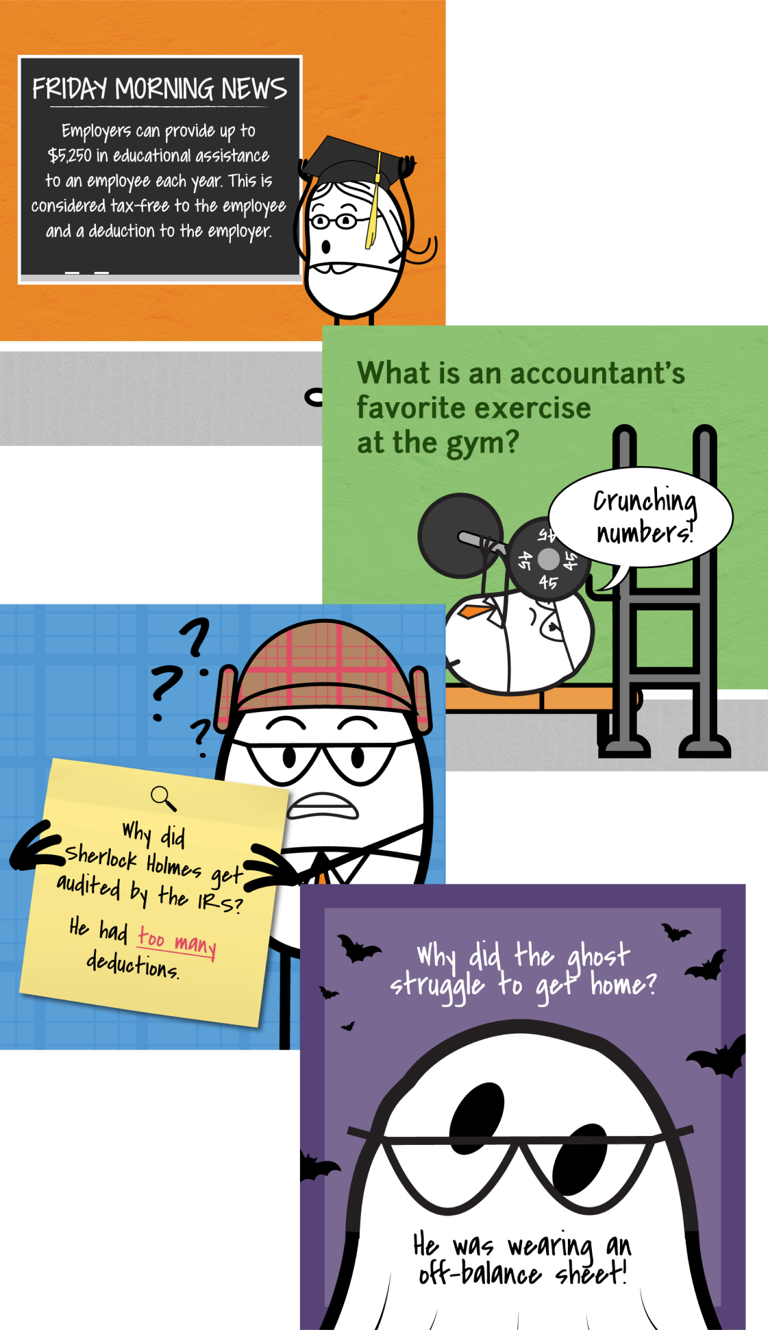 A collage of 4 social graphics for CPA Nerds' Facebook and LinkedIn profiles.