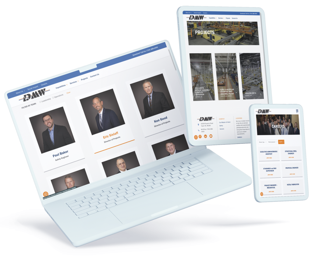 Device mockups of the team page on the Dearborn Mid-West Company's website, developed by Perfect Afternoon.