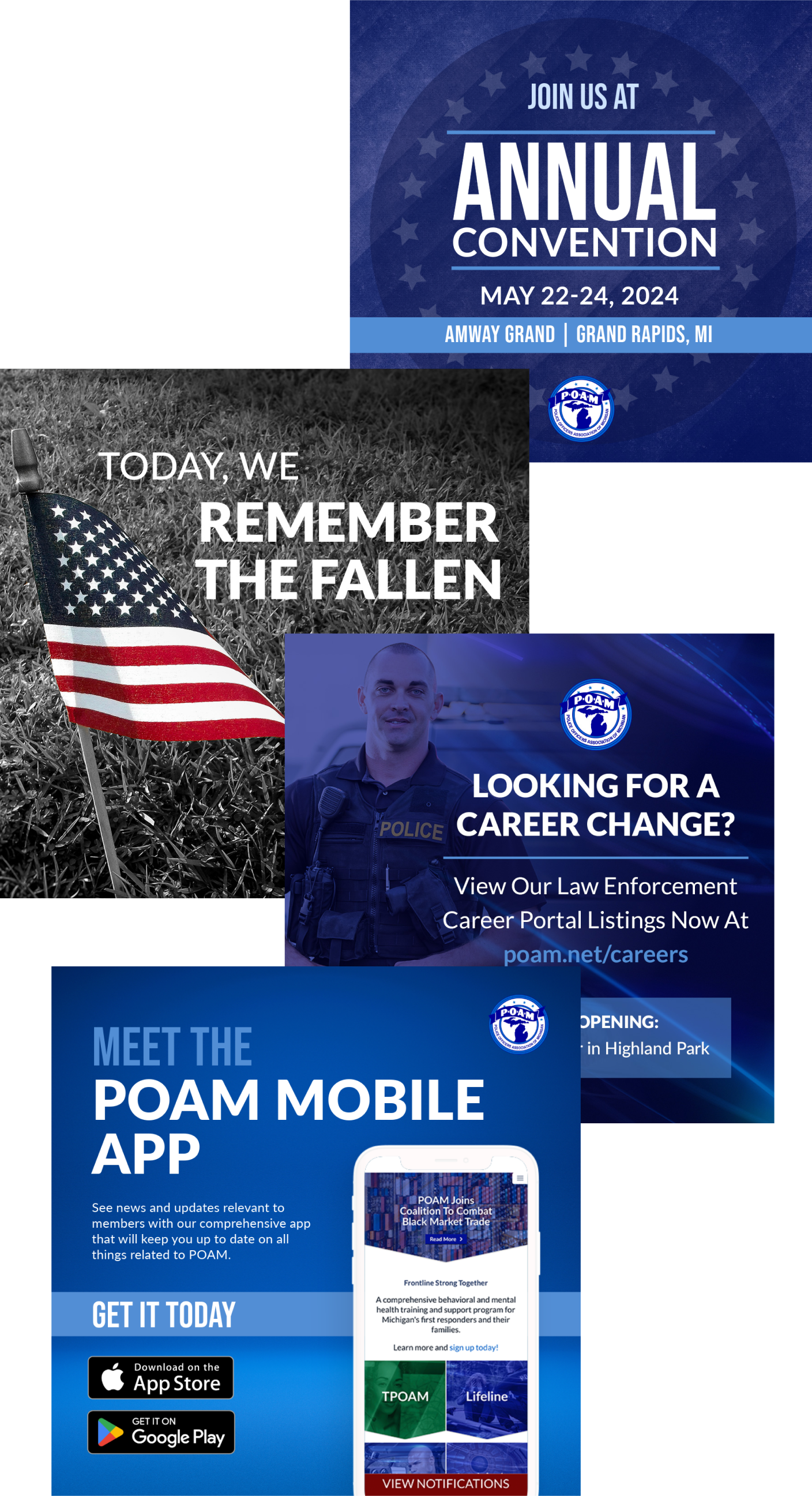 Four POAM social graphics — 2024 Annual Convention, Remember the Fallen, Law Enforcement Careers, and POAM Mobile App.