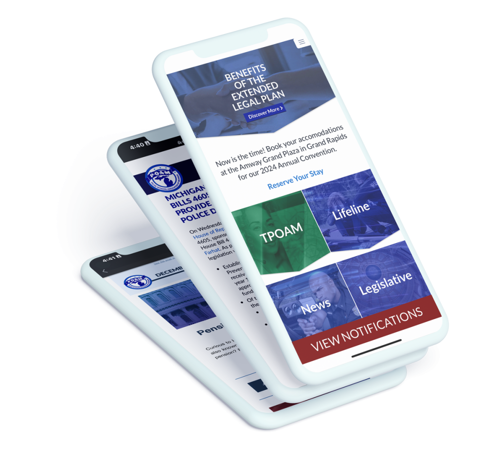 POAM Mobile App mockup with three screens, showing the app's home page and two landing pages from the website.