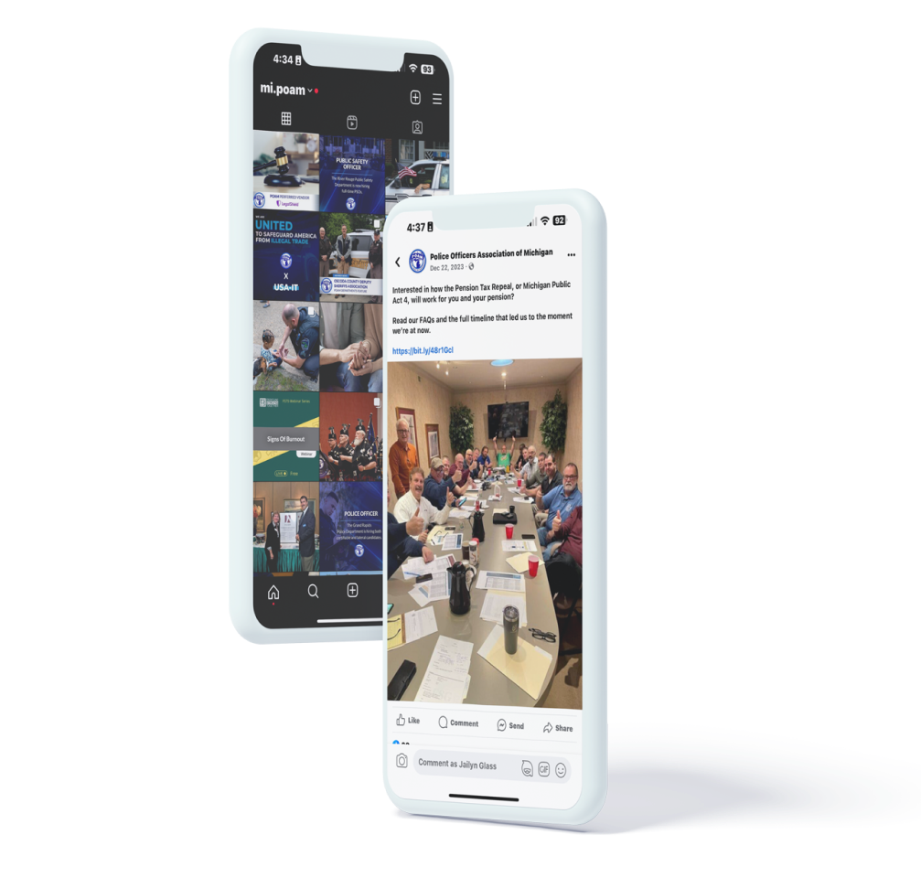 POAM social media mockups: Instagram feed and Facebook post.