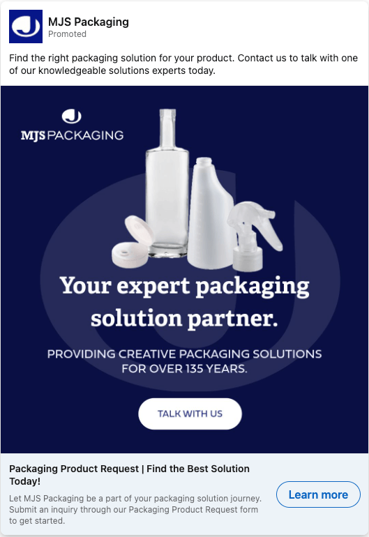 MJS Packaging ad on LinkedIn Advertising.