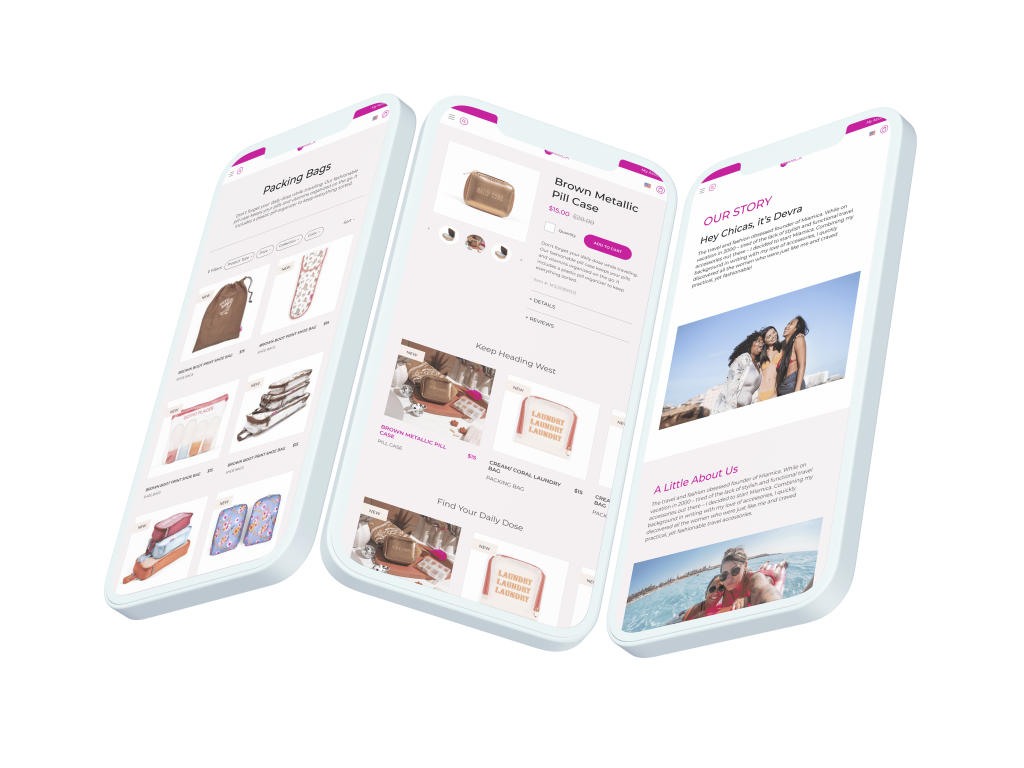 Miamica product pages shown on three mobile devices connected to one another.