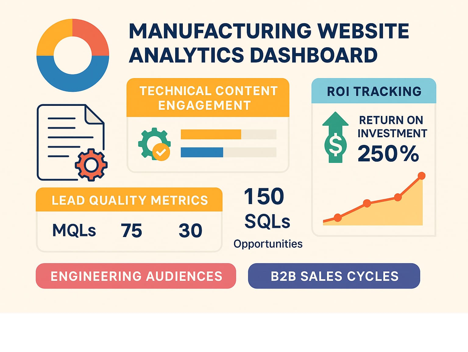 Manufacturing website analytics dashboard showing technical content engagement, lead quality metrics, and ROI tracking with specific KPIs for engineering audiences and B2B sales cycles - web development for manufacturing infographic Manufacturing website analytics dashboard showing technical content engagement, lead quality metrics, and ROI tracking with specific KPIs for engineering audiences and B2B sales cycles - web development for manufacturing infographic