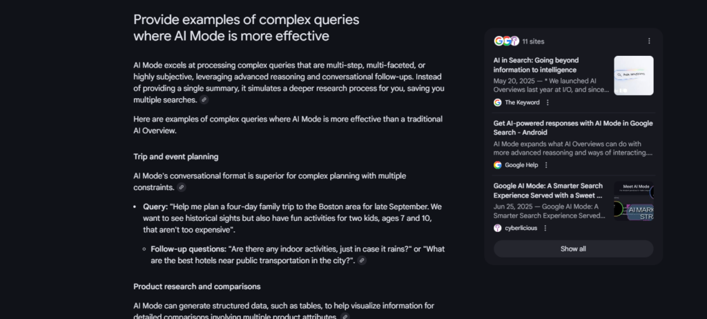 Google AI Mode Example of Search Results