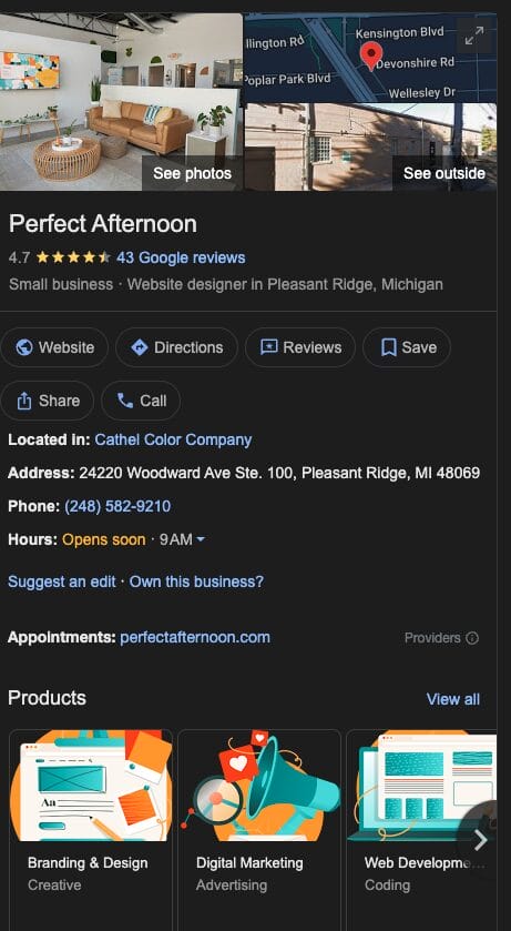 The Google Business Profile for Perfect Afternoon, a website development and digital marketing agency. A local SEO strategy.